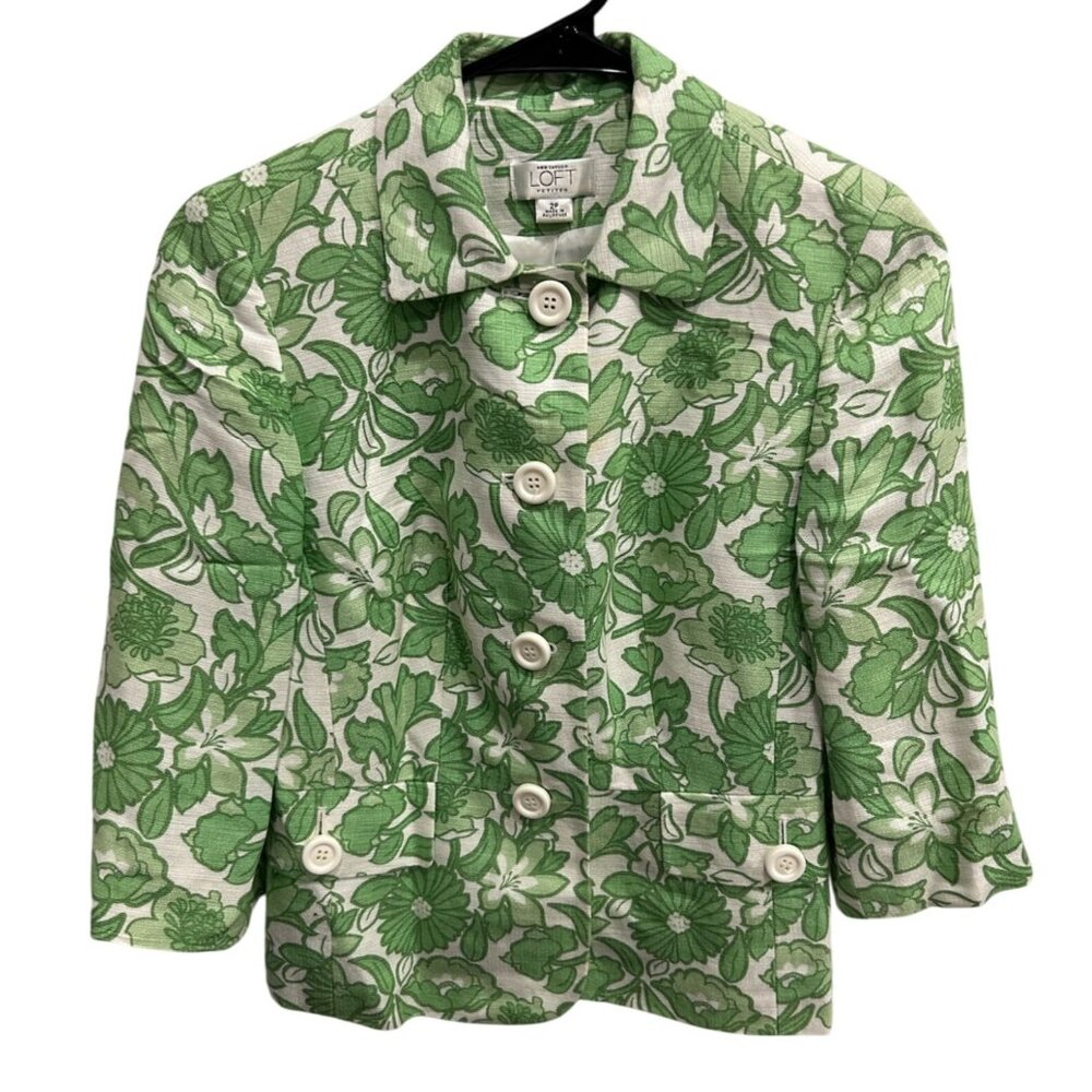Ann Taylor Loft Petites Green Floral Linen Blend Button Up Jacket Sz 2P